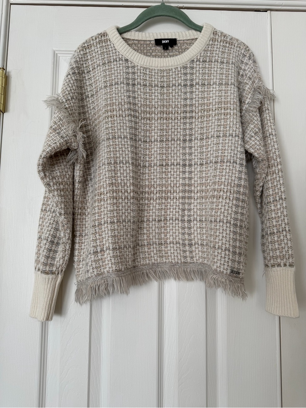DKNY Cream and Taupe Textured Fringe Crewneck Sweater